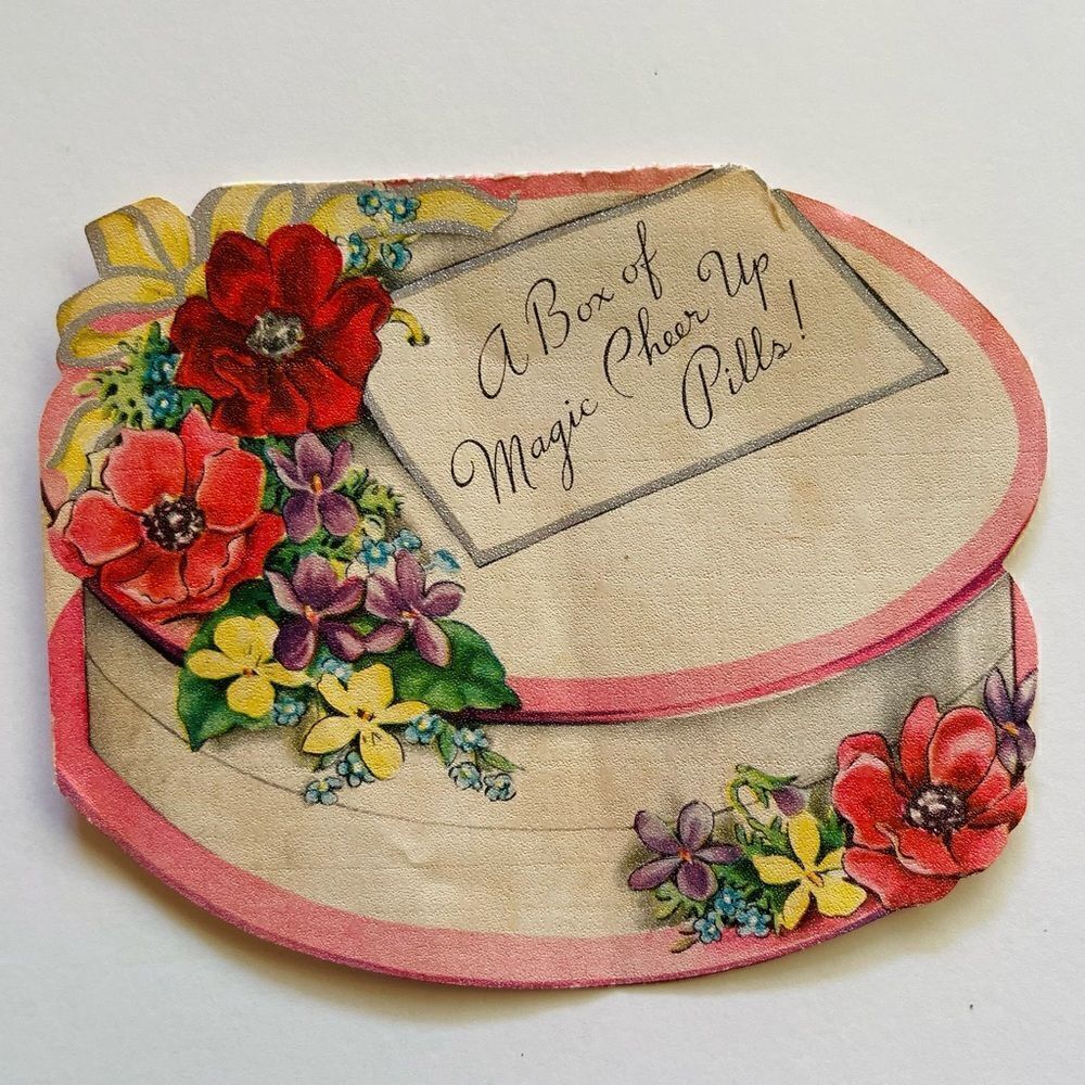 Vintage A Box of Magic Cheer Up Pills Vintage Greeting Card Used Ephemera USED